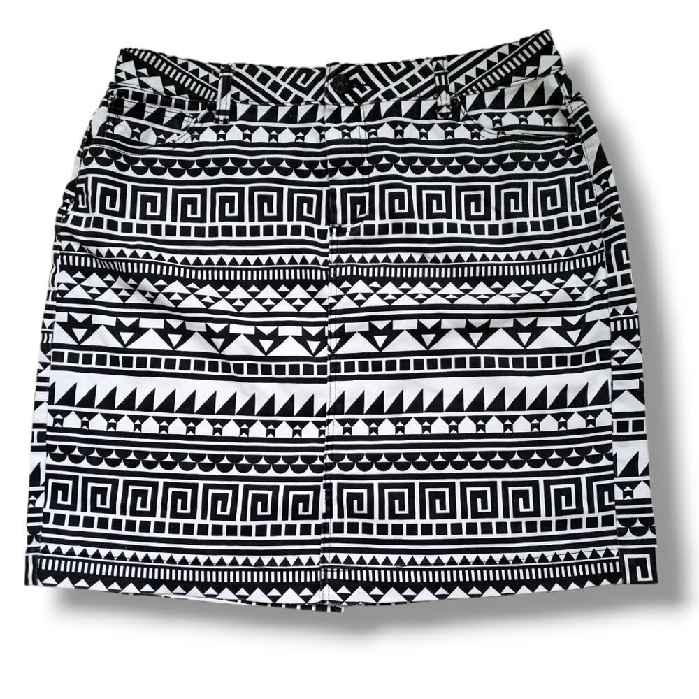 Vintage Women's Tribal Print Denim Mini Skirt Black White Aztec Pattern Size XL